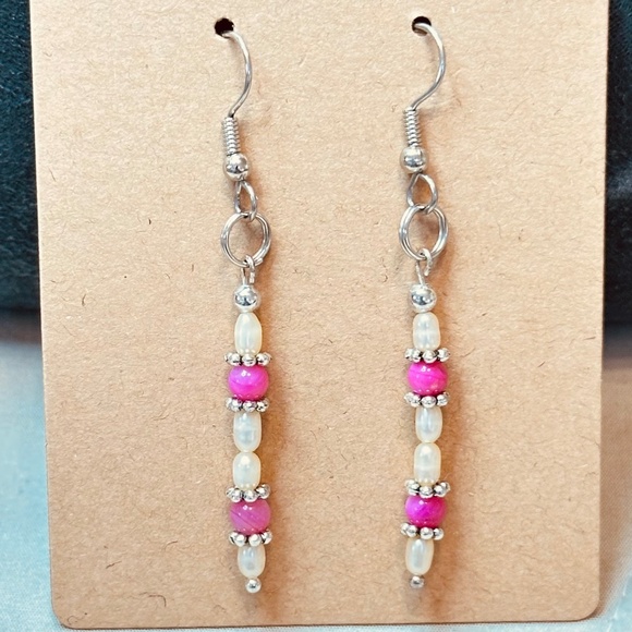 Stainless Steel Dangle Earrings Freshwater Pearls & Crackle Quartz Hand Made - Picture 1 of 11